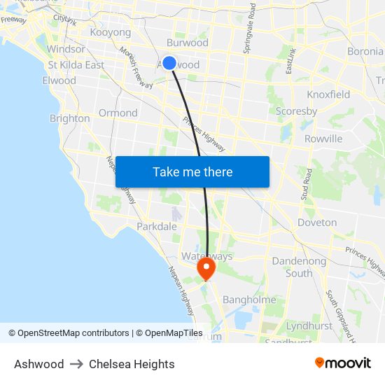 Ashwood to Chelsea Heights map