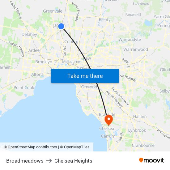 Broadmeadows to Chelsea Heights map