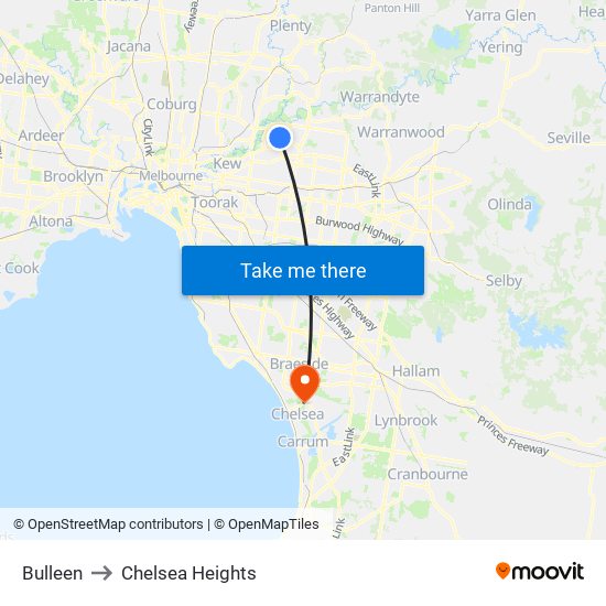 Bulleen to Chelsea Heights map