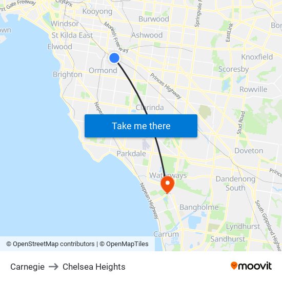 Carnegie to Chelsea Heights map