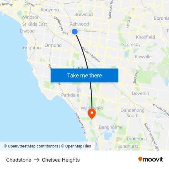 Chadstone to Chelsea Heights map