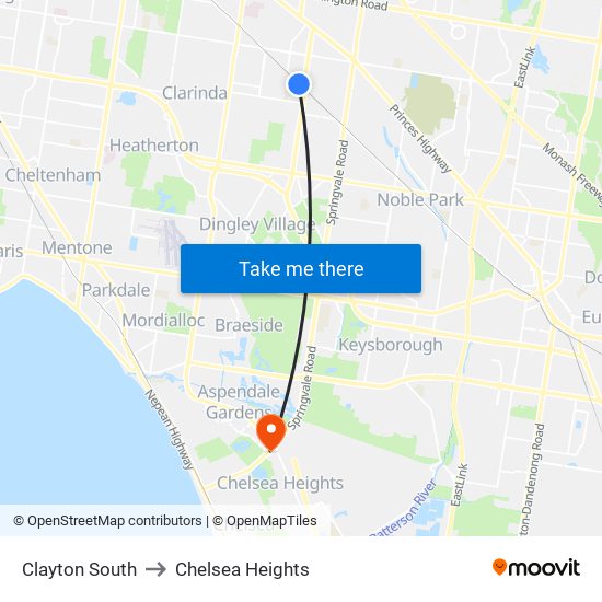 Clayton South to Chelsea Heights map