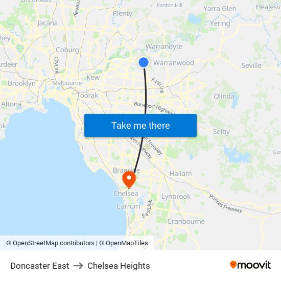 Doncaster East to Chelsea Heights map