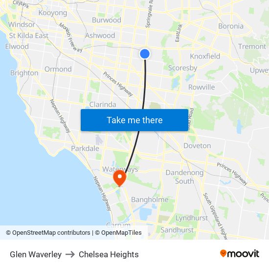 Glen Waverley to Chelsea Heights map