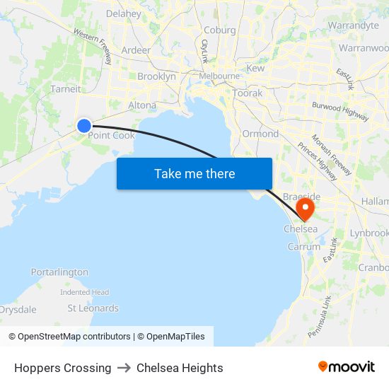 Hoppers Crossing to Chelsea Heights map