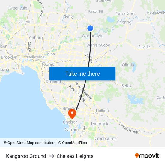 Kangaroo Ground to Chelsea Heights map