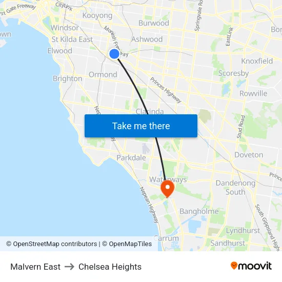 Malvern East to Chelsea Heights map