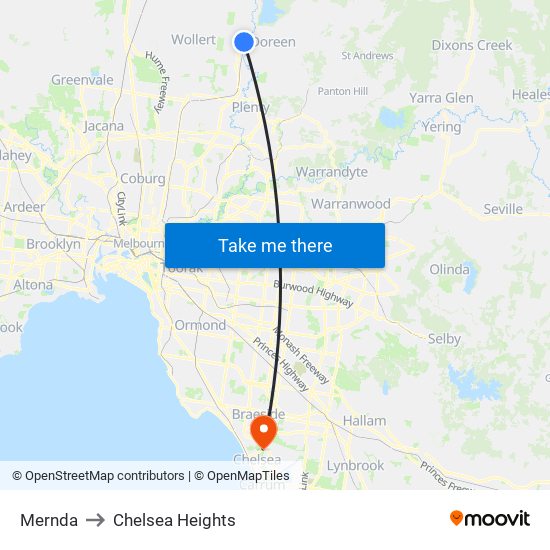 Mernda to Chelsea Heights map