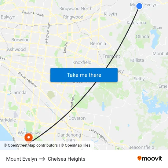 Mount Evelyn to Chelsea Heights map