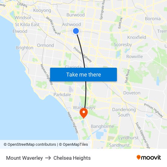 Mount Waverley to Chelsea Heights map