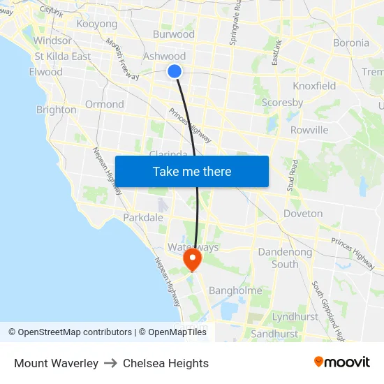 Mount Waverley to Chelsea Heights map