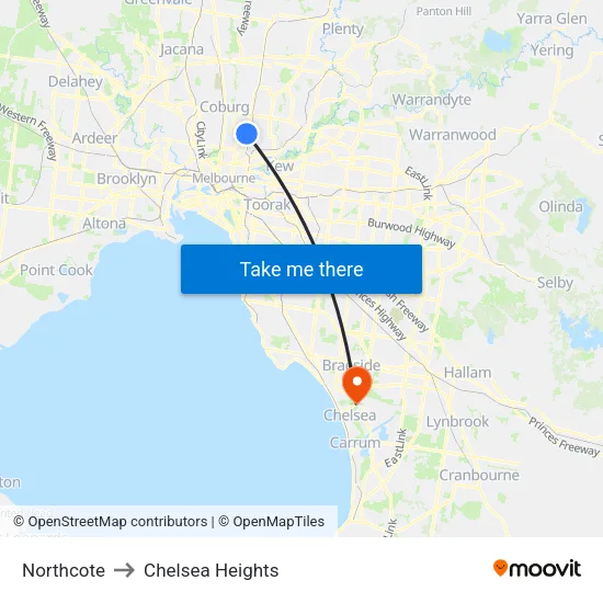 Northcote to Chelsea Heights map