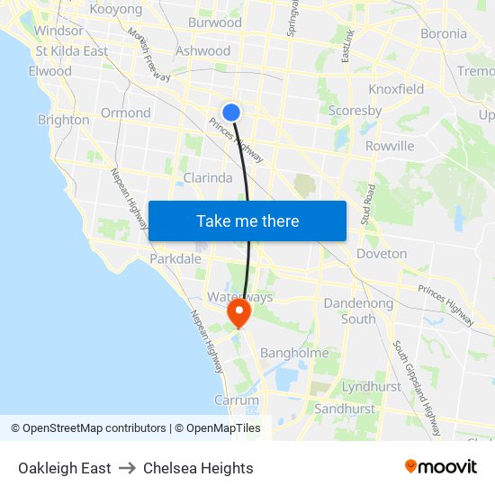 Oakleigh East to Chelsea Heights map