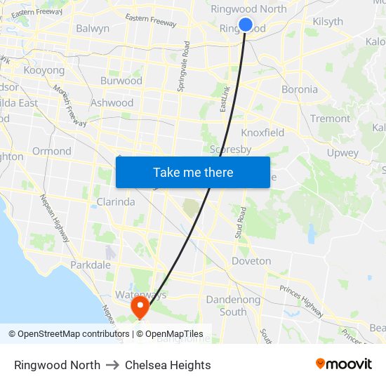 Ringwood North to Chelsea Heights map