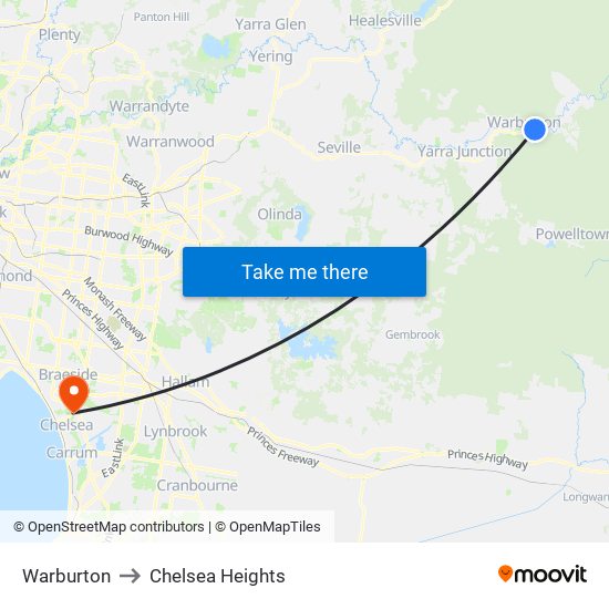 Warburton to Chelsea Heights map