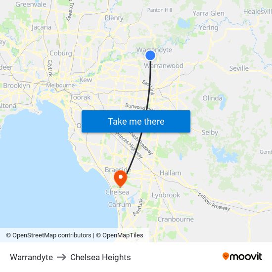 Warrandyte to Chelsea Heights map