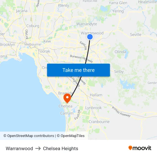 Warranwood to Chelsea Heights map
