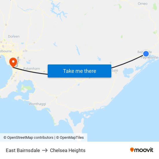 East Bairnsdale to Chelsea Heights map