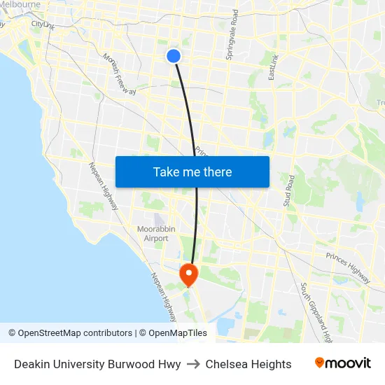 Deakin University Burwood Hwy to Chelsea Heights map