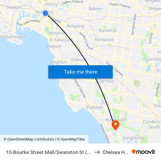 10-Bourke Street Mall/Swanston St (Melbourne City) to Chelsea Heights map