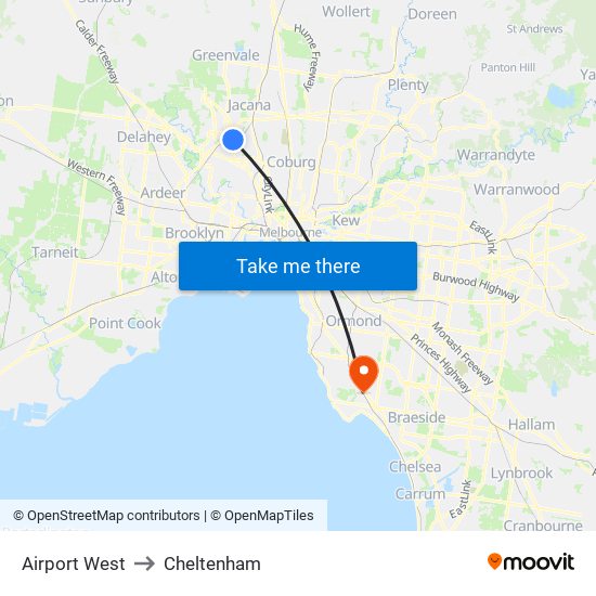 Airport West to Cheltenham map