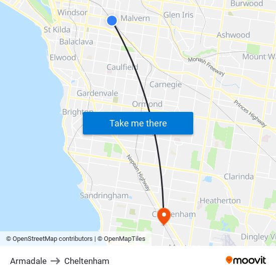 Armadale to Cheltenham map