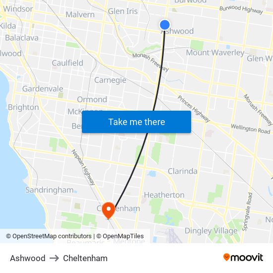 Ashwood to Cheltenham map