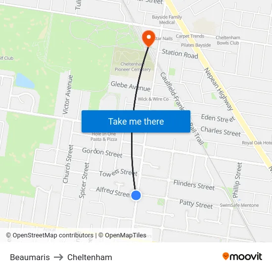 Beaumaris to Cheltenham map