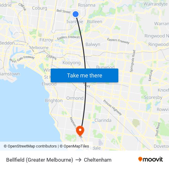 Bellfield (Greater Melbourne) to Cheltenham map