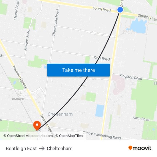 Bentleigh East to Cheltenham map