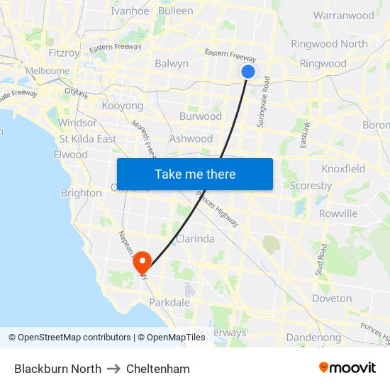 Blackburn North to Cheltenham map