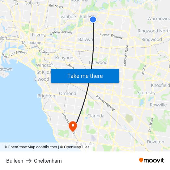 Bulleen to Cheltenham map