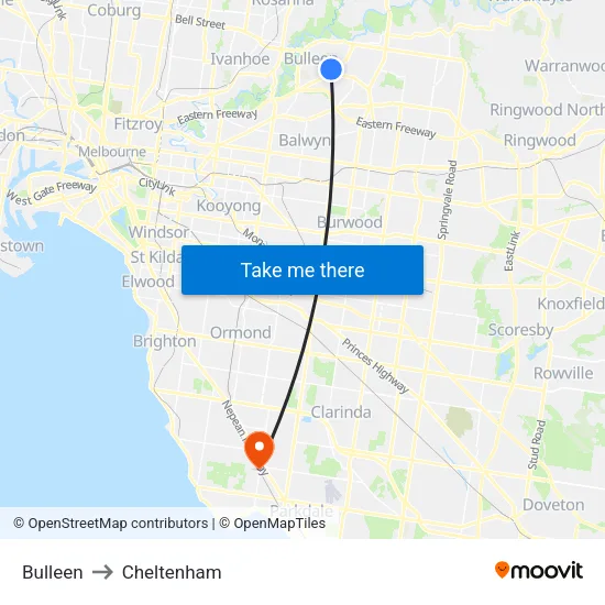 Bulleen to Cheltenham map