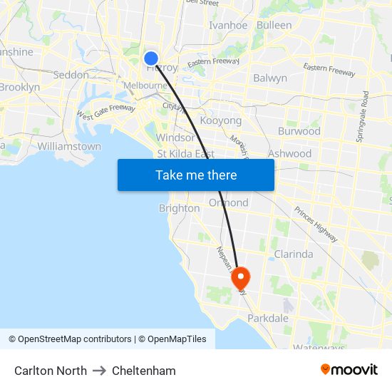 Carlton North to Cheltenham map