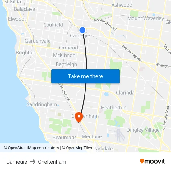 Carnegie to Cheltenham map