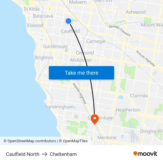 Caulfield North to Cheltenham map