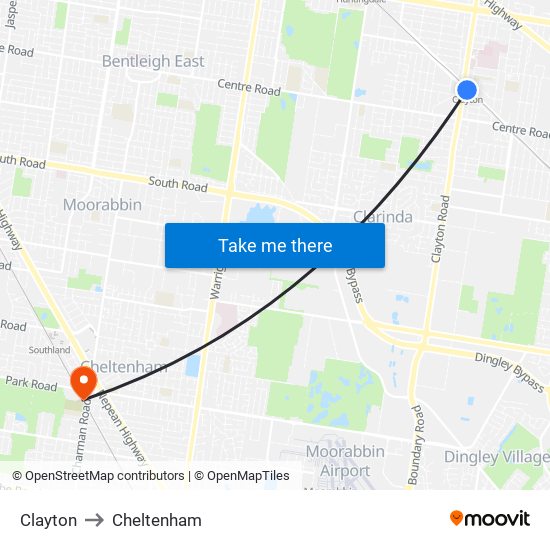 Clayton to Cheltenham map