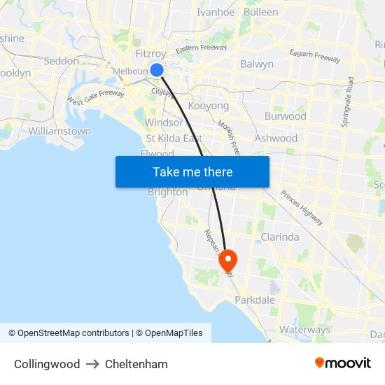 Collingwood to Cheltenham map