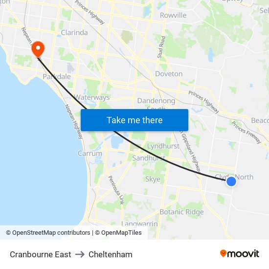 Cranbourne East to Cheltenham map