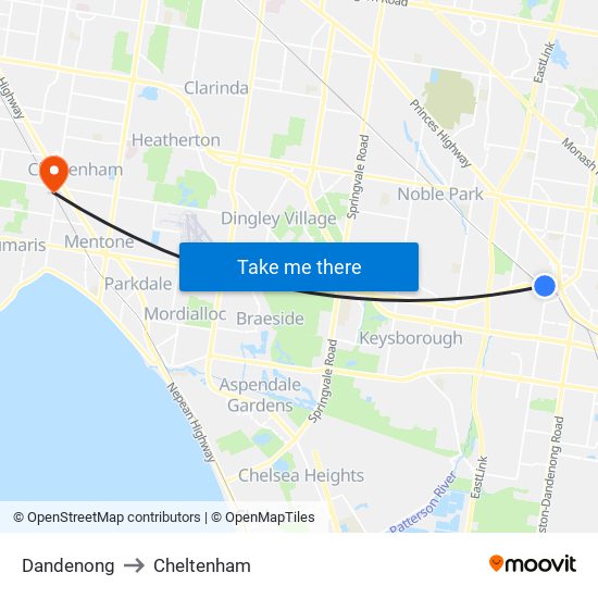 Dandenong to Cheltenham map