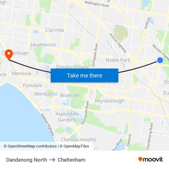 Dandenong North to Cheltenham map