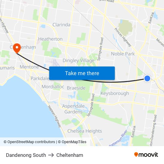 Dandenong South to Cheltenham map