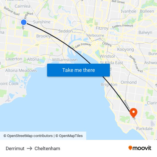 Derrimut to Cheltenham map