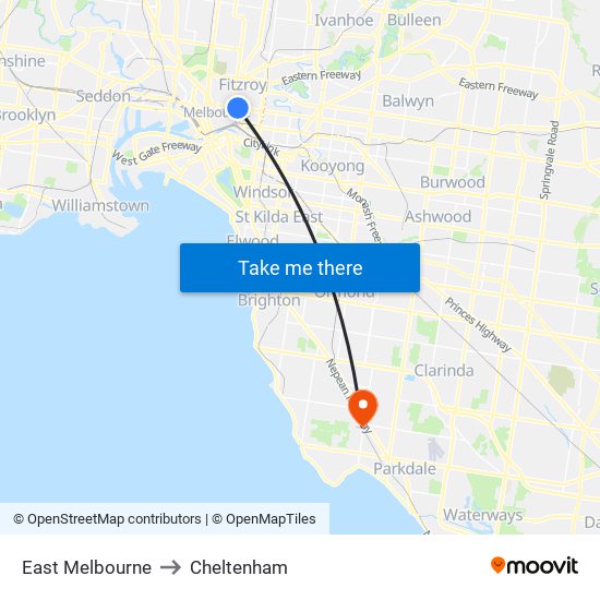 East Melbourne to Cheltenham map