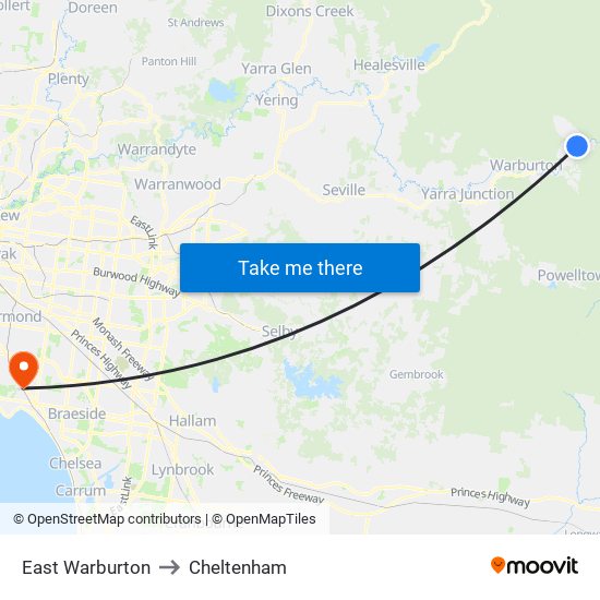 East Warburton to Cheltenham map