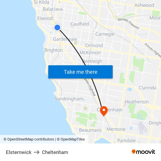 Elsternwick to Cheltenham map