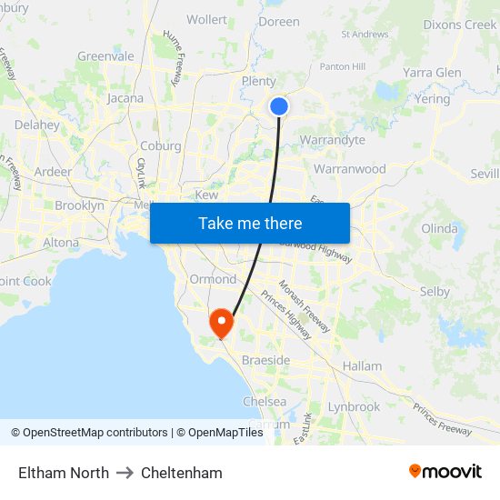 Eltham North to Cheltenham map