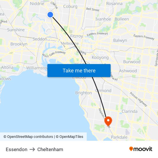 Essendon to Cheltenham map