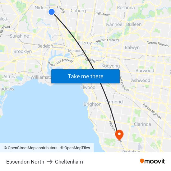 Essendon North to Cheltenham map