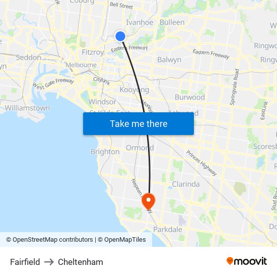 Fairfield to Cheltenham map